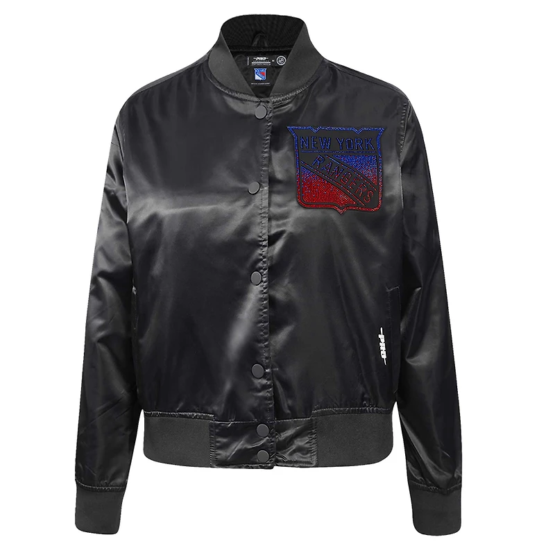 Women's Pro Standard  Black New York Rangers Rhinestone Jewels Satin Full-Snap Jacket