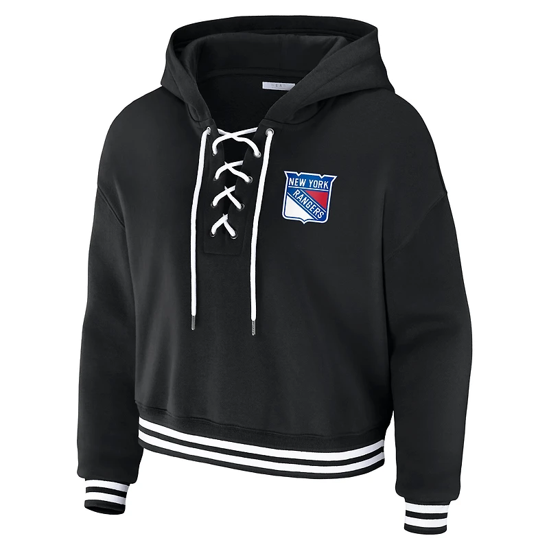 Women's WEAR by Erin Andrews Black New York Rangers Cropped Lace-Up Hoodie