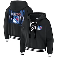 Women's WEAR by Erin Andrews  Black New York Rangers Cropped Lace-Up Hoodie