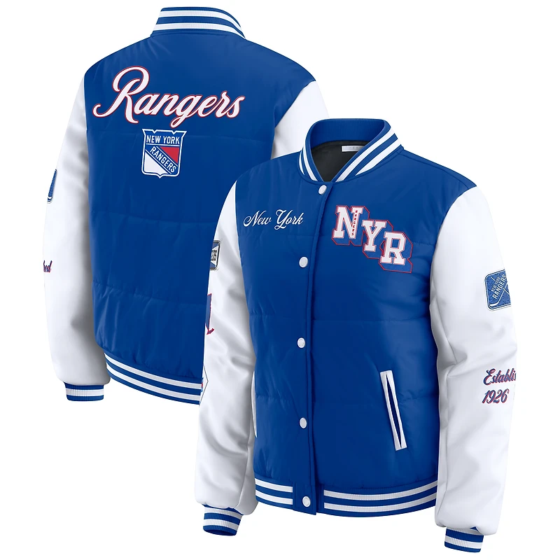 Doudoune universitaire bleue et blanche New York Rangers à boutons-pression pour femmes de la marque WEAR by Erin Andrews