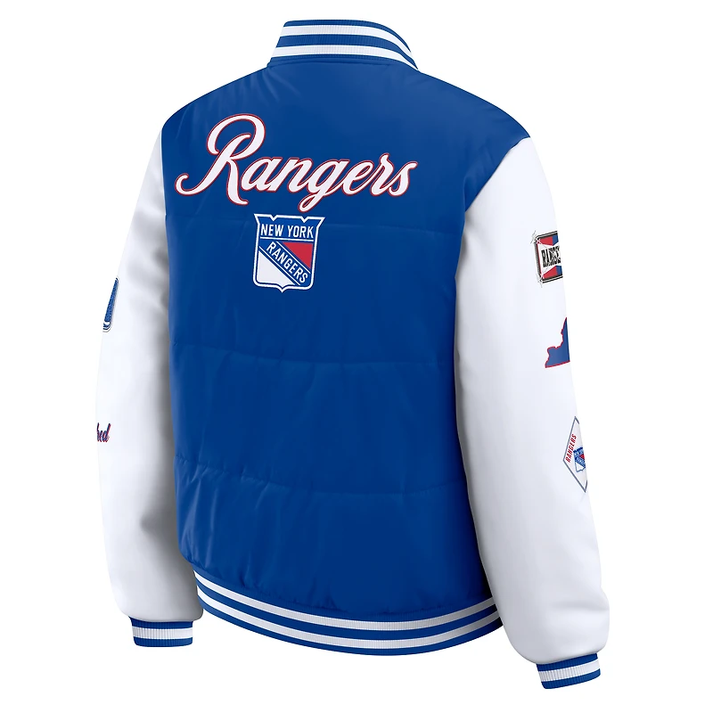 Doudoune universitaire bleue et blanche New York Rangers à boutons-pression pour femmes de la marque WEAR by Erin Andrews
