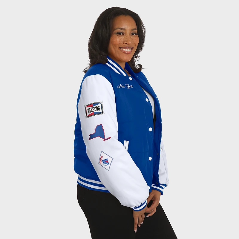 Doudoune universitaire bleue et blanche New York Rangers à boutons-pression pour femmes de la marque WEAR by Erin Andrews