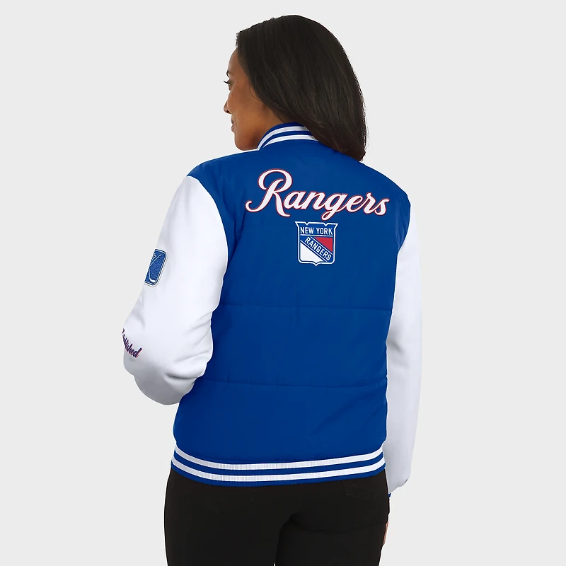 Women's WEAR by Erin Andrews Blue/White New York Rangers Varsity Full-Snap Puffer Jacket