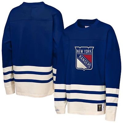 Haut à manches longues épais point de chaîne bleu des Rangers New York Mitchell & Ness pour jeunes