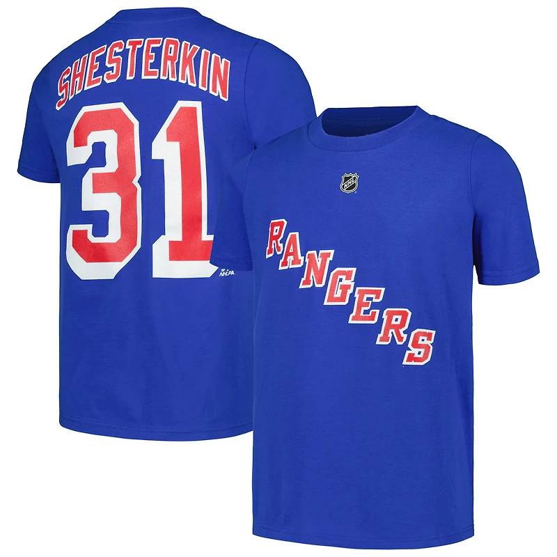 T-shirt bleu avec nom et numéro de joueur des Rangers New York Igor Shesterkin pour jeunes