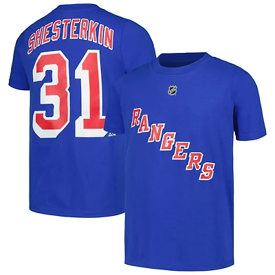 T-shirt bleu avec nom et numéro de joueur des Rangers New York Igor Shesterkin pour jeunes