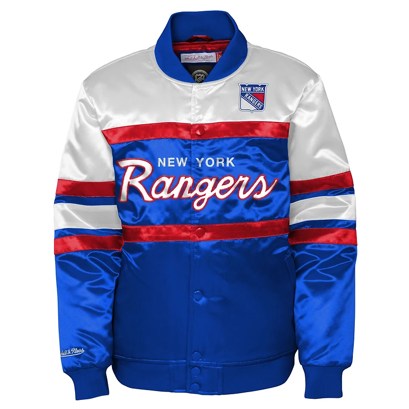 Youth Mitchell & Ness Blue New York Rangers Satin Raglan Full-Snap Jacket