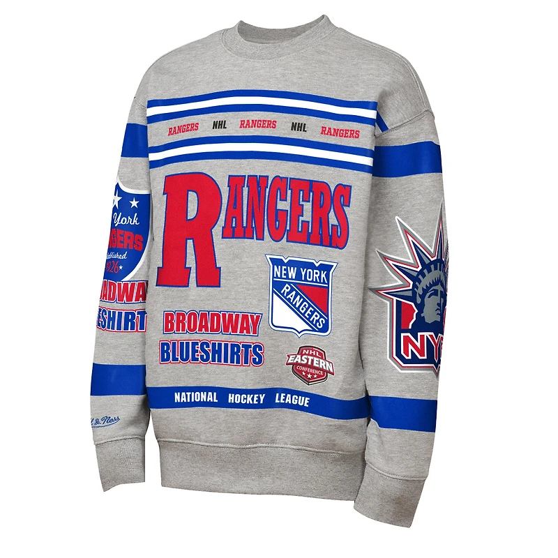 Sweat-shirt ras du cou en polaire imprimé allover Mitchell & Ness gris chiné des Rangers de New York