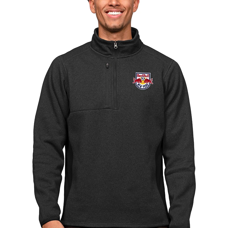 Men's Antigua Heather Black New York Red Bulls Primary Team Logo Course Quarter-Zip Pullover Top