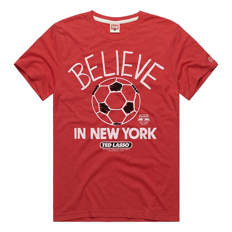 T-shirt unisexe rouge hommage New York Red Bulls MLS x Ted Lasso Believe Graphic Tri-Blend
