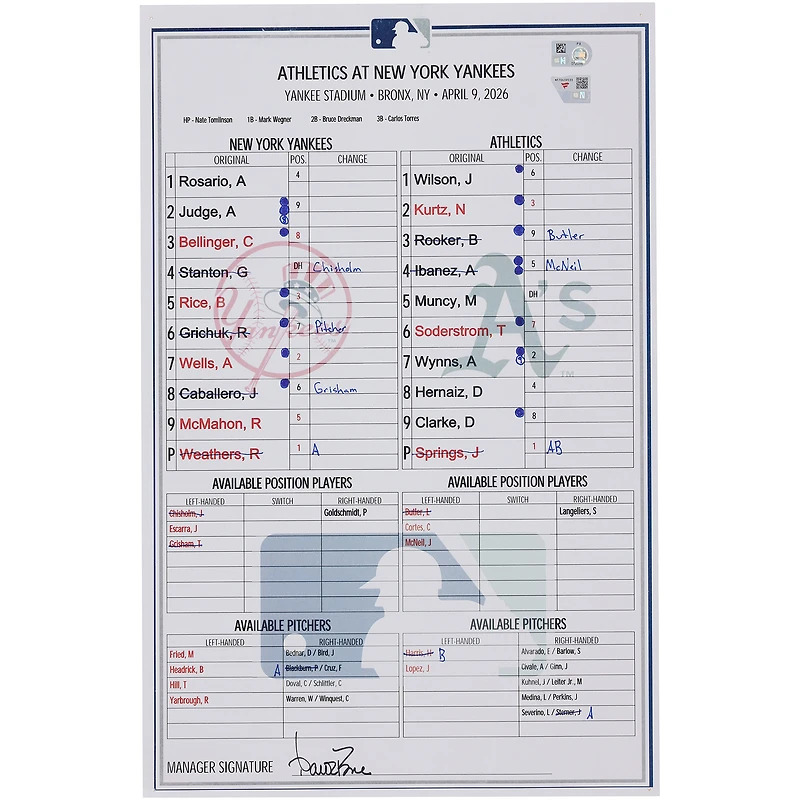 Feuille de composition d'équipe utilisée par les Yankees de New York lors du match contre les Athletics le 9 avril 2026