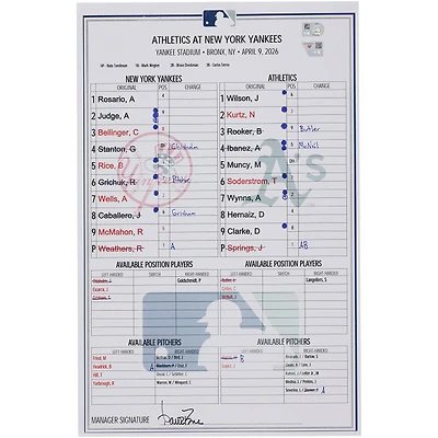 Feuille de composition d'équipe utilisée par les Yankees de New York lors du match contre les Athletics le 9 avril 2026