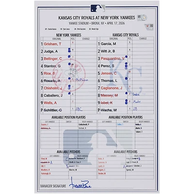 New York Yankees Game-Used Lineup Card vs. Kansas City Royals on April 17, 2026