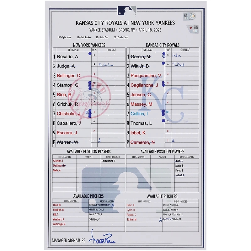 New York Yankees Game-Used Lineup Card vs. Kansas City Royals on April 18, 2026