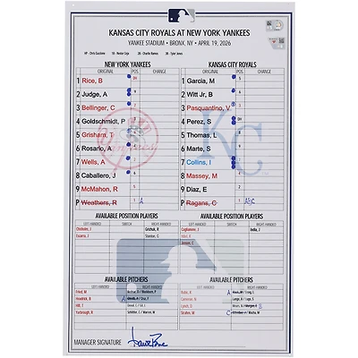 New York Yankees Game-Used Lineup Card vs. Kansas City Royals on April 19, 2026