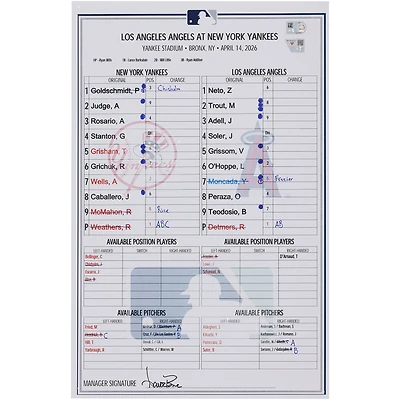New York Yankees Game-Used Lineup Card vs. Los Angeles Angels on April 14, 2026