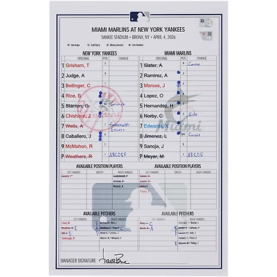 New York Yankees Game-Used Lineup Card vs. Miami Marlins on April 4, 2026