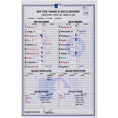 Feuille de composition d'équipe utilisée par les Yankees de New York lors du match contre les Mariners de Seattle le 30 mars 2026