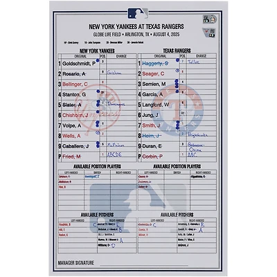 Carte de composition des Yankees de New York lors du match contre les Rangers du Texas, le 4 août 2025