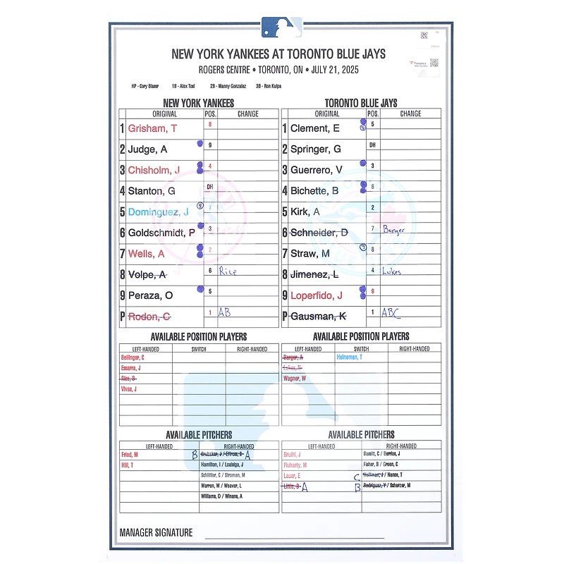 Carte de composition des Yankees de New York lors du match contre les Blue Jays de Toronto, le 21 juillet 2025