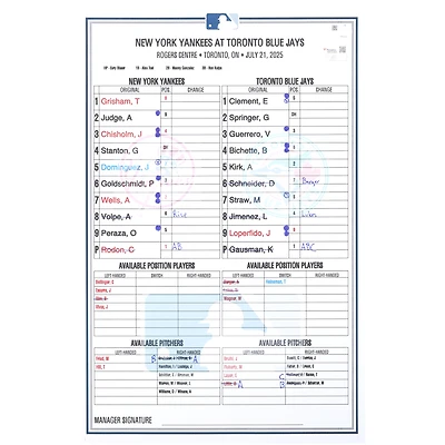 New York Yankees Game-Used Lineup Card vs. Toronto Blue Jays on July 21, 2025