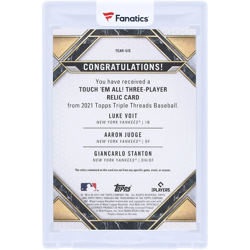 Aaron Judge, Giancarlo Stanton et Luke Voit, carte Topps Triple Threads 2021 des Yankees de New York : « Touchez-les tous ! » Reliques Triple 5 couleurs #TEAR-VJS #1/1