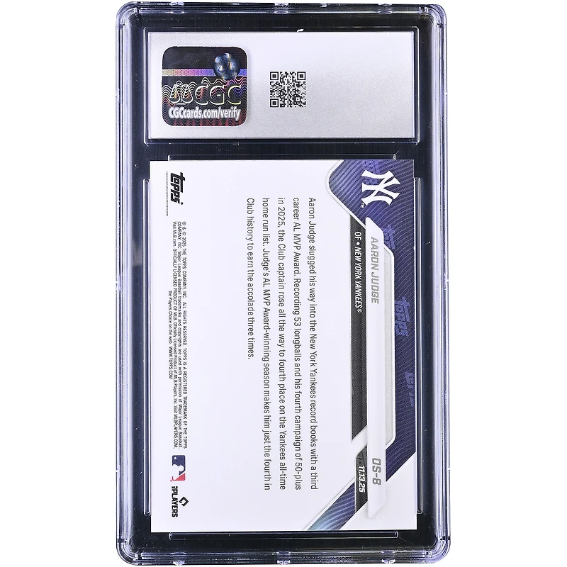 Aaron Judge New York Yankees 2025 Topps Now '25 AL Most Valuable Player Award Winner Off-Season #OS-8 CGC Authenticated 10 Card