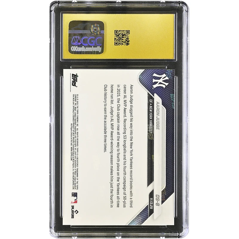 Aaron Judge New York Yankees 2025 Topps Now '25 AL Most Valuable Player Award Winner Off-Season #OS-8 CGC Authenticated PRISTINE 10 Card