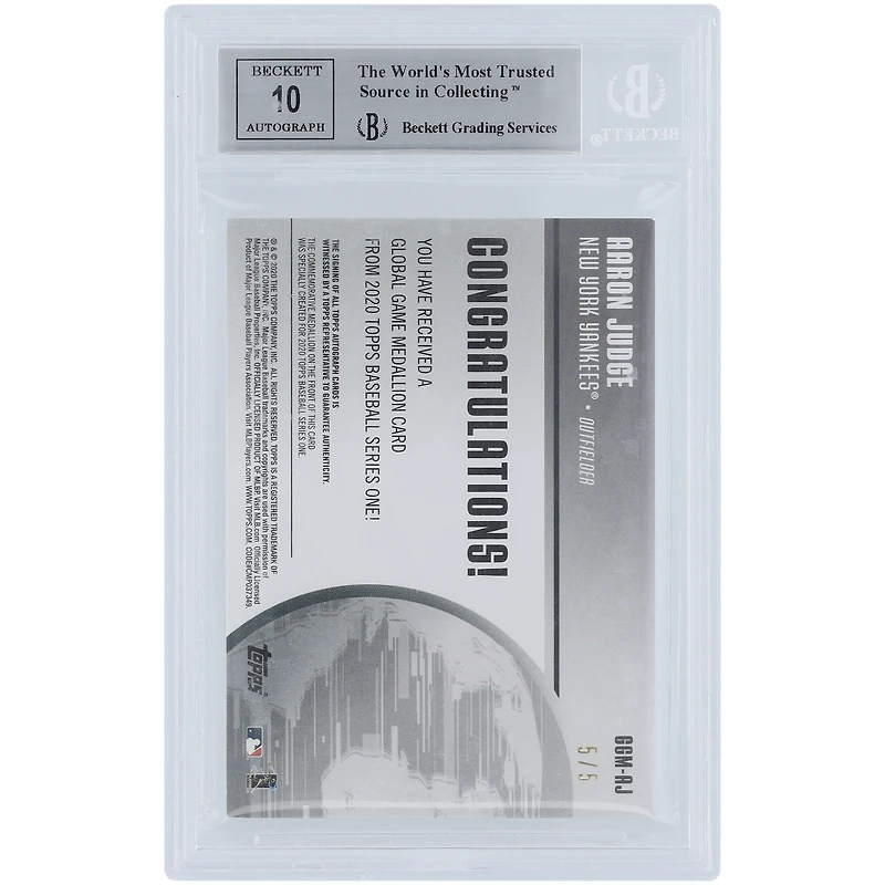 Aaron Judge New York Yankees Autographed 2020 Topps Series One Global Game Medallion #GGM-AJ #5/5 BGS Authenticated 9/10 Card - 9.5,8.5,9,9 Subgrades