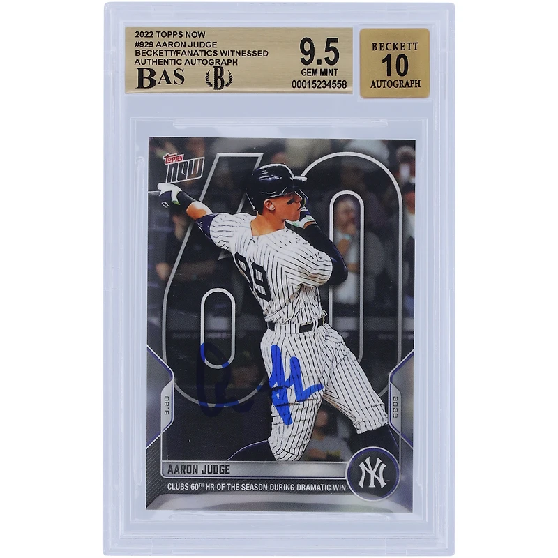 Carte autographiée d'Aaron Judge (New York Yankees), Topps Now 2022, 60e coup de circuit, n° 929, authentifiée par Beckett Fanatics Witnessed, note 9,5/10 - Sous-notes : 9,5, 9,5, 10, 10