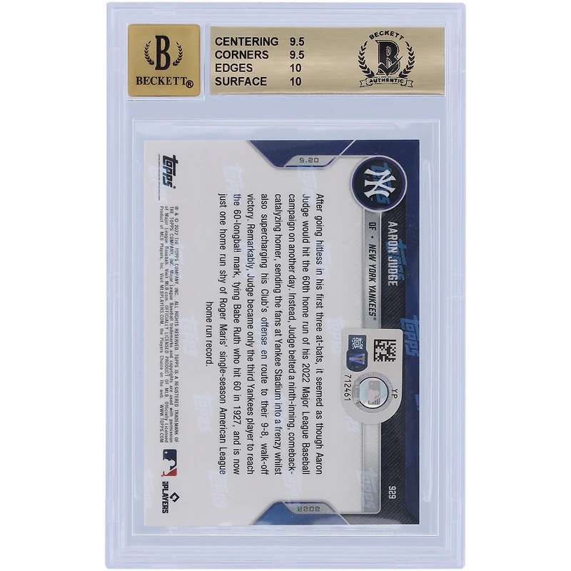 Aaron Judge New York Yankees Autographed 2022 Topps Now 60th HR #929 Beckett Fanatics Witnessed Authenticated 9.5/10 Card - 9.5,9.5,10,10 Subgrades