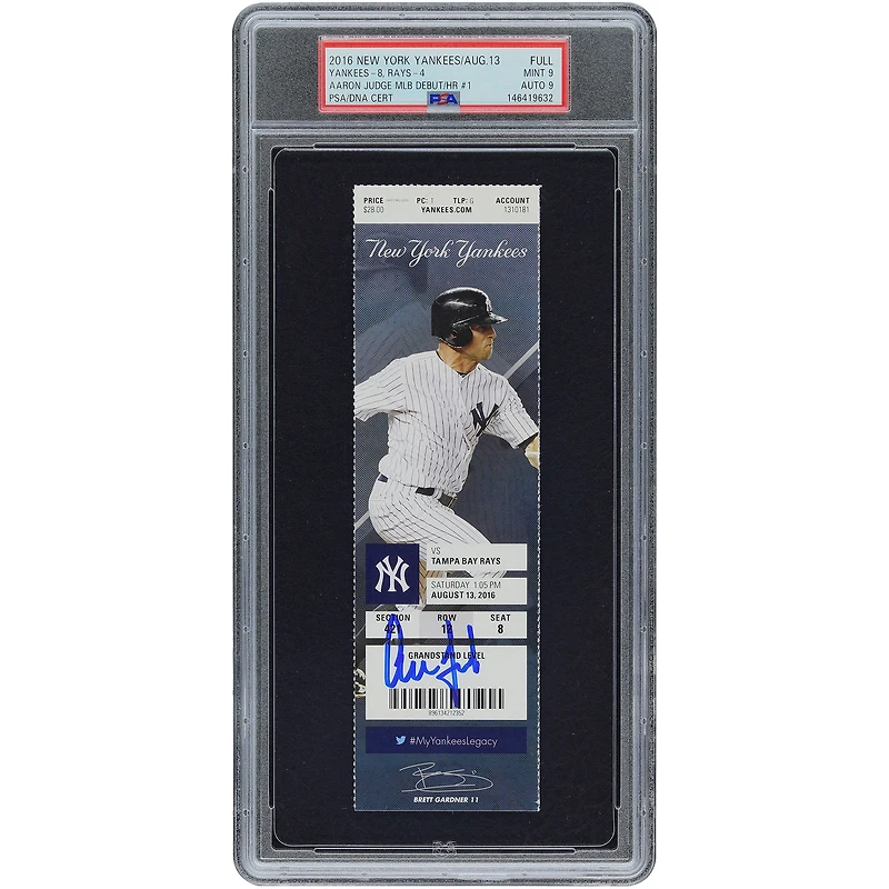 Billet autographié par Aaron Judge des Yankees de New York, daté du 13 août 2016, pour son premier coup de circuit en MLB (premier coup de circuit