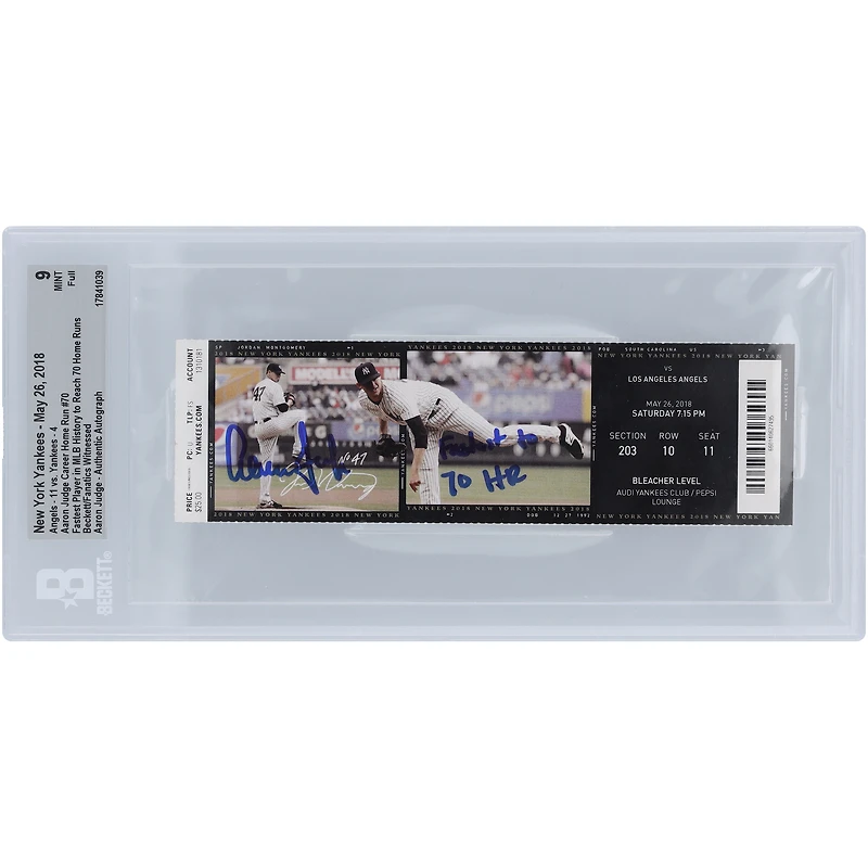 Aaron Judge New York Yankees Autographed Fastest Player in MLB History to Reach 70 Home Runs Beckett Fanatics Witnessed Authenticated 9 Ticket from May 26, 2018 with "Fastest to 70 HR" Inscription