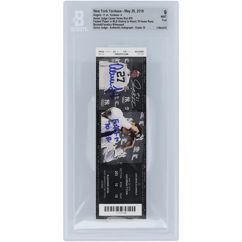 Aaron Judge New York Yankees Fastest Player in MLB History to Reach 70 Home Runs Beckett Fanatics Witnessed Authenticated /10 Ticket from May 26