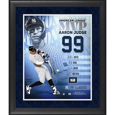 Collage encadré 40,6 x 50,8 cm (16 x 20 pouces) d'Aaron Judge, joueur des Yankees de New York, élu MVP de la Ligue américaine en 2025, avec un morceau de balle utilisée en match - Édition limitée à 100 exemplaires