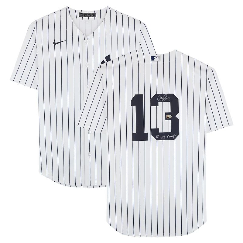 Maillot réplique blanc Nike autographié par Alex Rodriguez des Yankees de New York avec inscription « Champion des World Series 2009 »