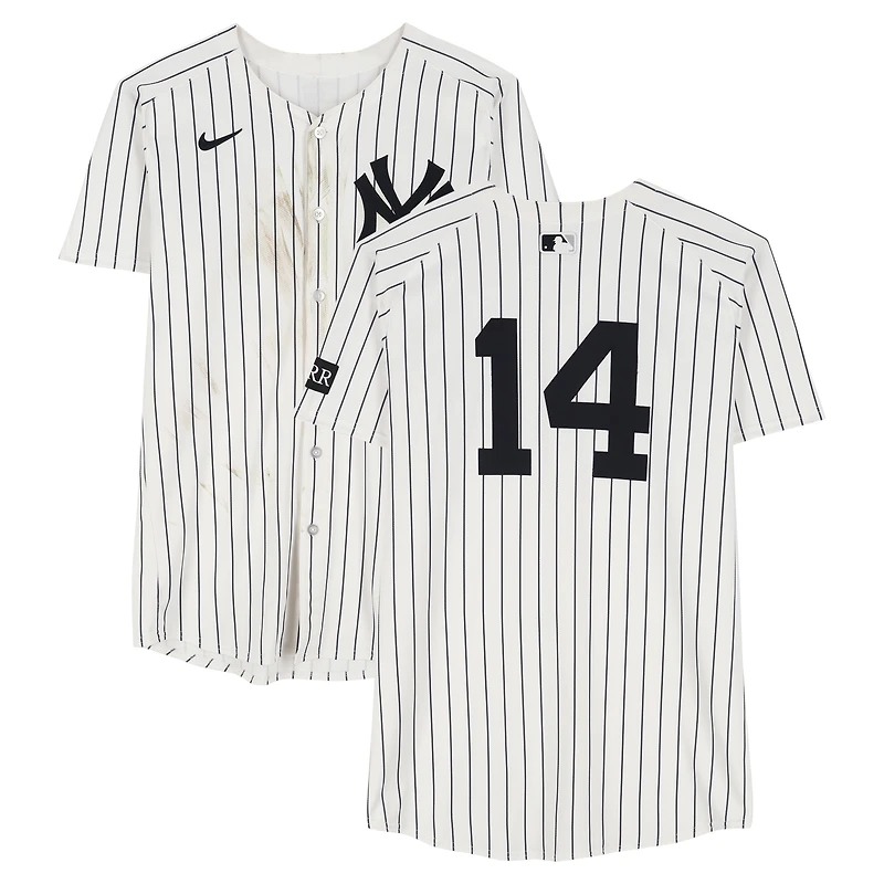 Maillot Nike blanc à fines rayures n° 14 porté par Amed Rosario des Yankees de New York contre les Blue Jays de Toronto le 8 octobre 2025 - Match 4 de la série de division de la Ligue américaine