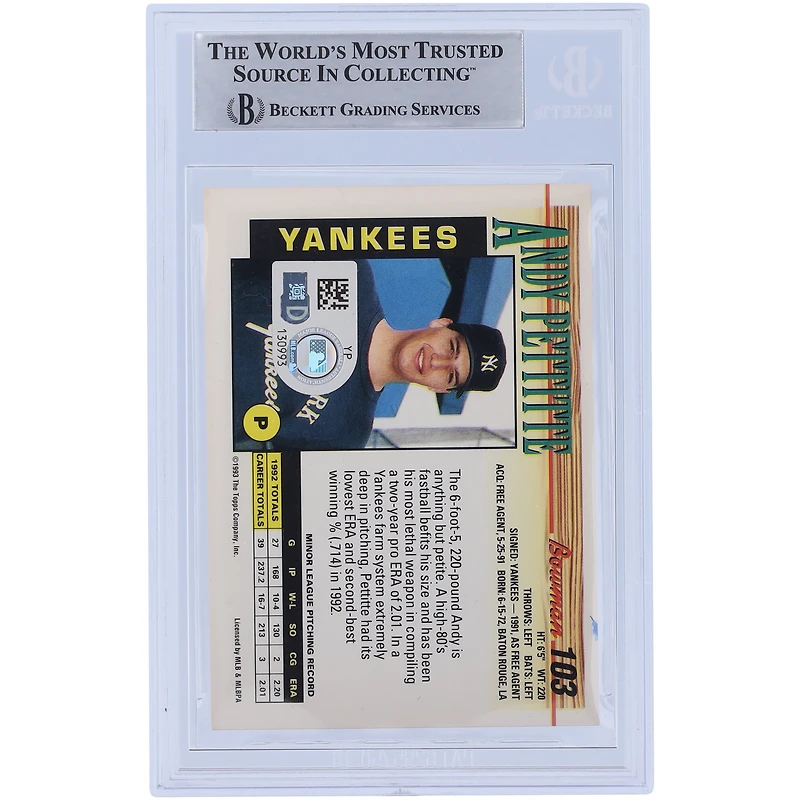 Andy Pettitte New York Yankees autographié 1993 Bowman série 1 #103 Beckett Fanatics Witnessed Rookie Card authentifié