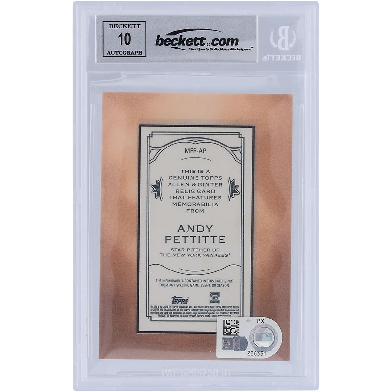 Andy Pettitte New York Yankees Autographié 2020 Topps Allen & Ginter Mini Encadré Gris Jersey Relic #MFR-AP Beckett Fanatics Witnessed Authenticated 10 Card