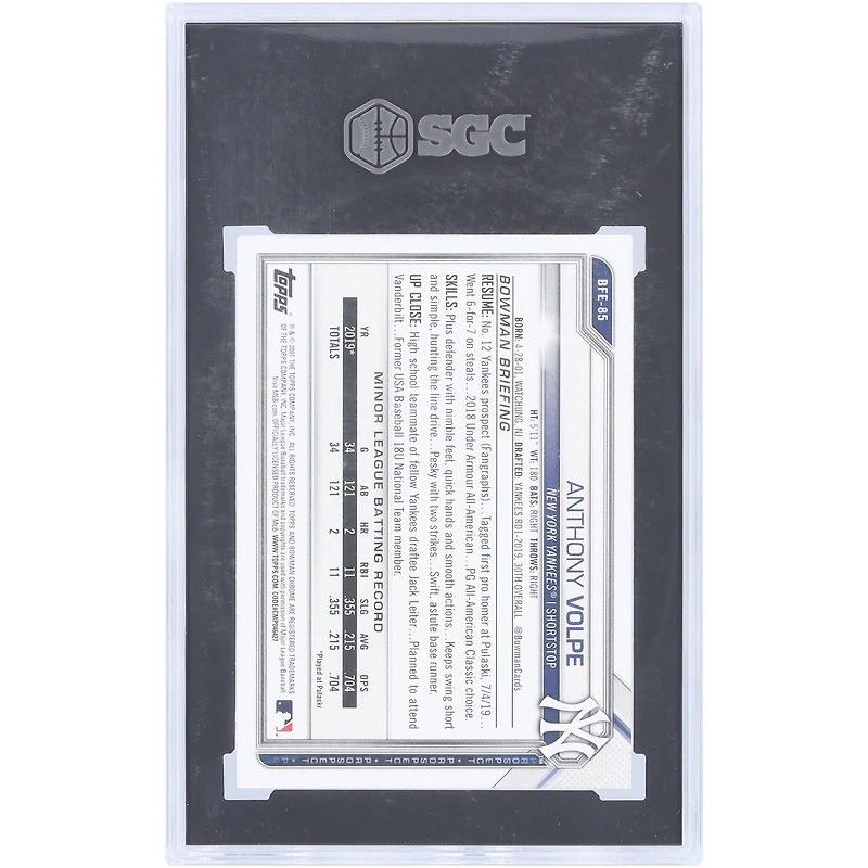 Anthony Volpe New York Yankees 2021 Bowman Première Édition Orange Foil #BFE-85 #22/25 SGC Authentifié 9.5 Carte