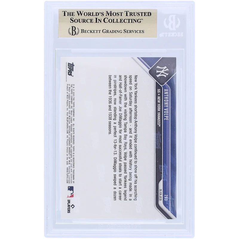 Anthony Volpe New York Yankees 2023 Topps Now 13/13 Steals To Start Career Bests DiMaggio #283 BGS Authenticated 10 Rookie Card - 9.5,10,10,10 Subgrades