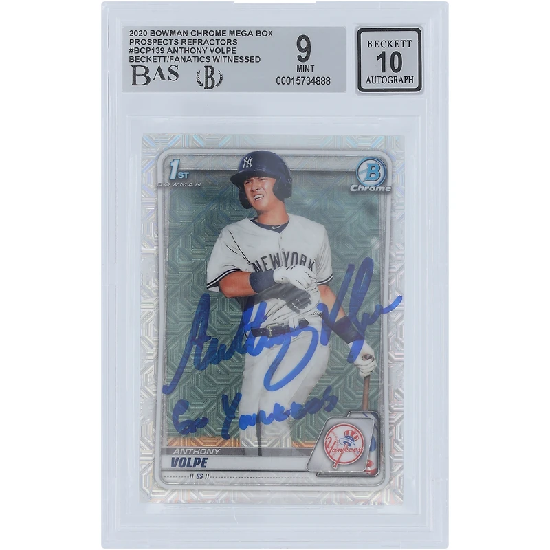 Anthony Volpe New York Yankees Autographié 2020 Bowman Chrome Mega Box Prospects 1er Bowman #BCP-139 Beckett Fanatics Witnessed Authentifié 9/10 Carte avec l'inscription "Go Yankees"