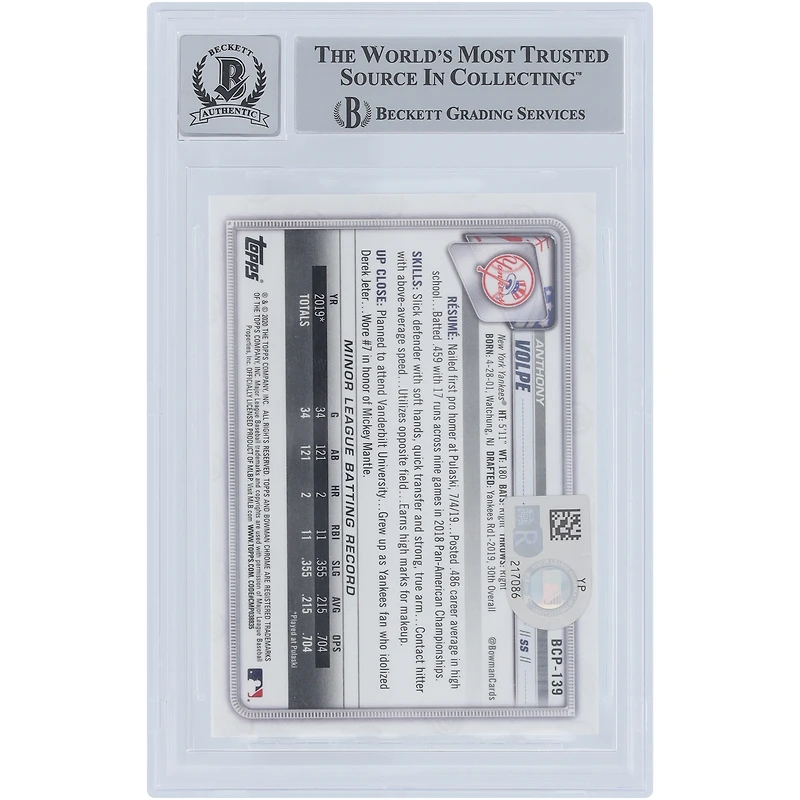 Anthony Volpe New York Yankees Autographié 2020 Bowman Chrome Mega Box Prospects 1er Bowman #BCP-139 Beckett Fanatics Witnessed Authentifié 9/10 Carte avec l'inscription "Go Yankees"