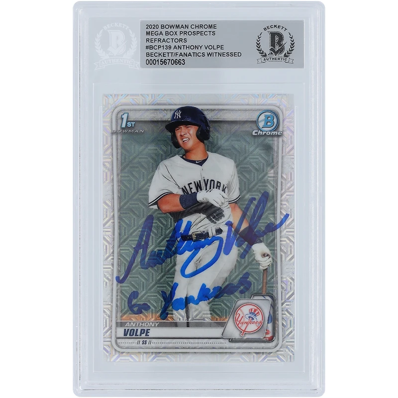 Anthony Volpe New York Yankees Autographié 2020 Bowman Chrome Mega Box Prospects 1er Bowman #BCP-139 Beckett Fanatics a été témoin d'une carte authentifiée avec l'inscription « Go Yankees »