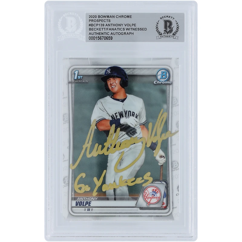 Anthony Volpe New York Yankees Autographié 2020 Bowman Chrome Prospects 1er Bowman Gold Ink #BCP-139 Beckett Fanatics Witnessed Authenticed Card avec l'inscription "Go Yankees"