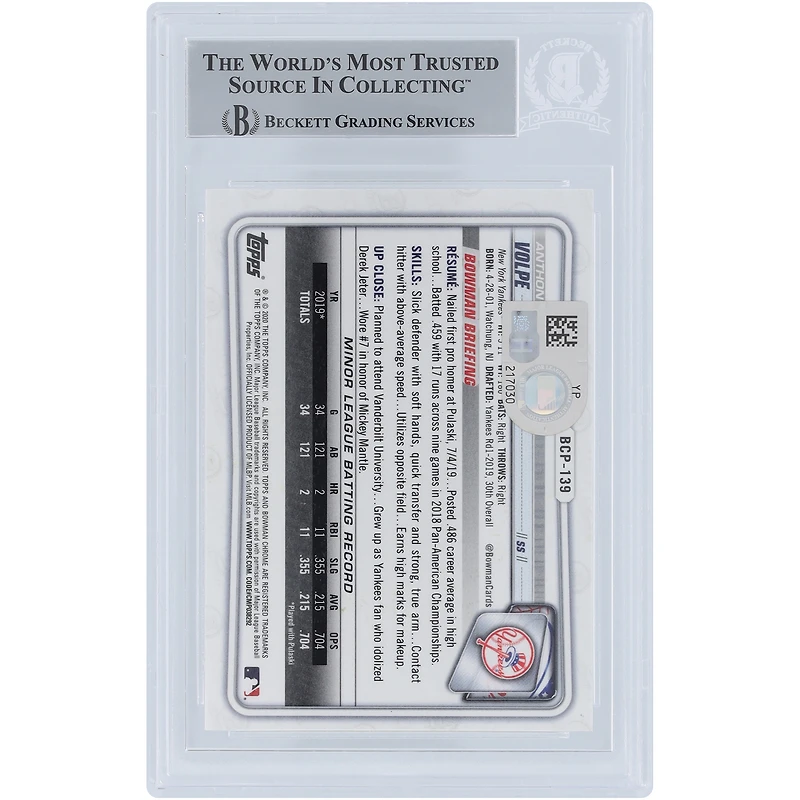 Anthony Volpe New York Yankees Autographié 2020 Bowman Chrome Prospects 1er Bowman Gold Ink #BCP-139 Beckett Fanatics Witnessed Authenticed Card avec l'inscription "Go Yankees"