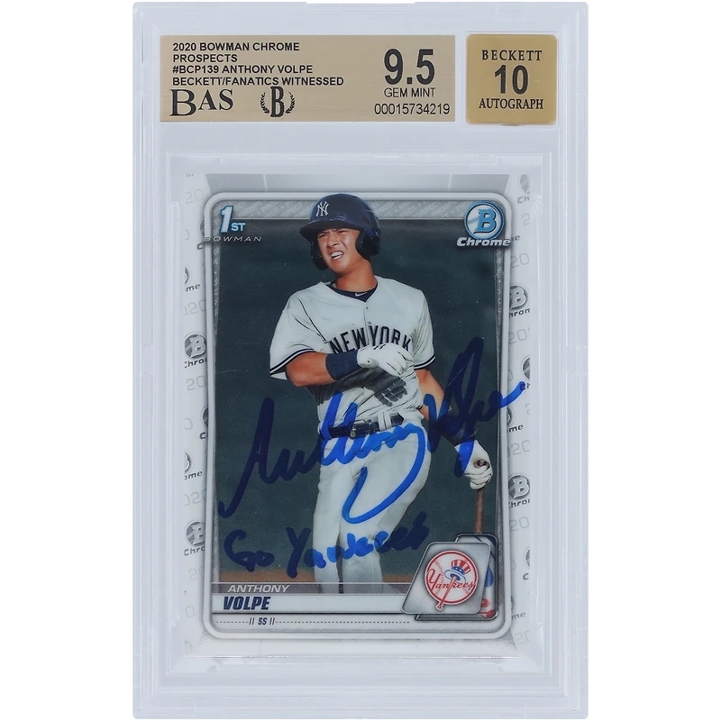 Anthony Volpe New York Yankees Autographié 2020 Bowman Chrome Prospects 1er Bowman #BCP-139 Beckett Fanatics Witnessed Authentifié 9.5/10 Carte avec l'inscription "Go Yankees"
