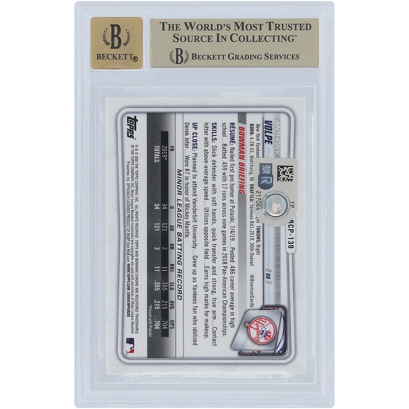 Anthony Volpe New York Yankees Autographié 2020 Bowman Chrome Prospects 1er Bowman #BCP-139 Beckett Fanatics Witnessed Authentifié 9.5/10 Carte avec l'inscription "Go Yankees"