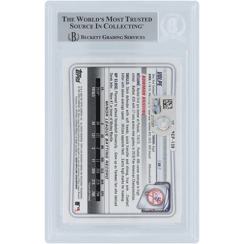 Anthony Volpe New York Yankees Autographié 2020 Bowman Chrome Prospects 1er Bowman #BCP-139 Beckett Fanatics Witnessed Authenticated Card