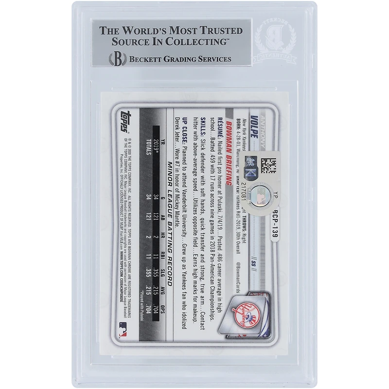 Anthony Volpe New York Yankees Autographié 2020 Bowman Chrome Prospects 1er Bowman #BCP-139 Beckett Fanatics a été témoin d'une carte authentifiée avec l'inscription « Go Yankees »